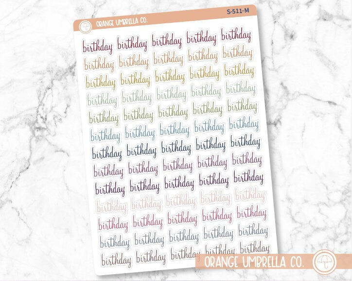 Birthday Planner Stickers, Script "Birthday" Labels, Color Print Planning Stickers, F4 (S-511)