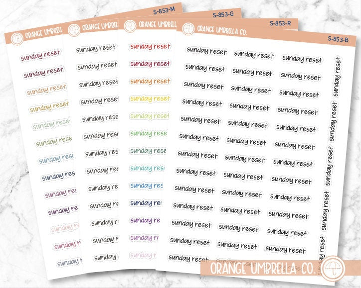 Sunday Reset Planner Stickers, Script "Sunday Reset" Labels, Color Print Planning Stickers, FJP (S-853)