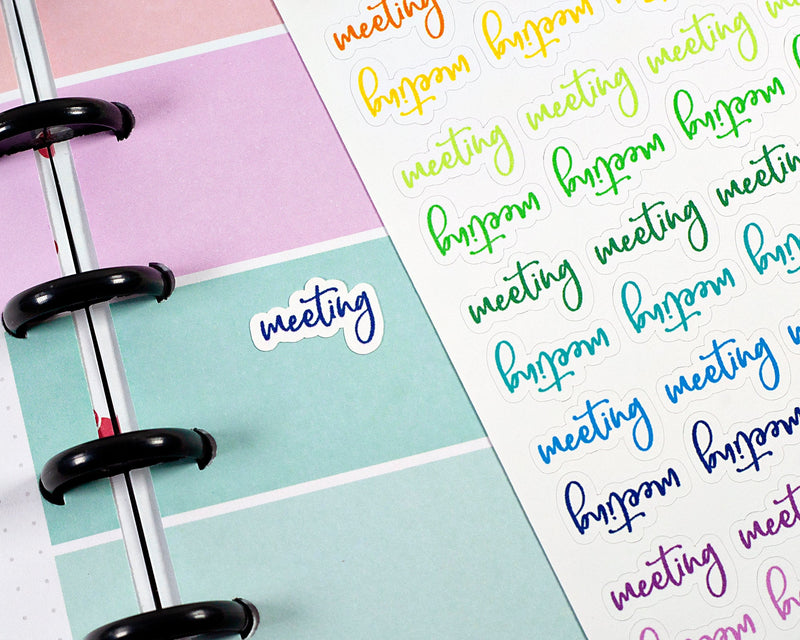 Meeting Label Planner Stickers, Script "Meeting" Labels, Color Print Planner Stickers (