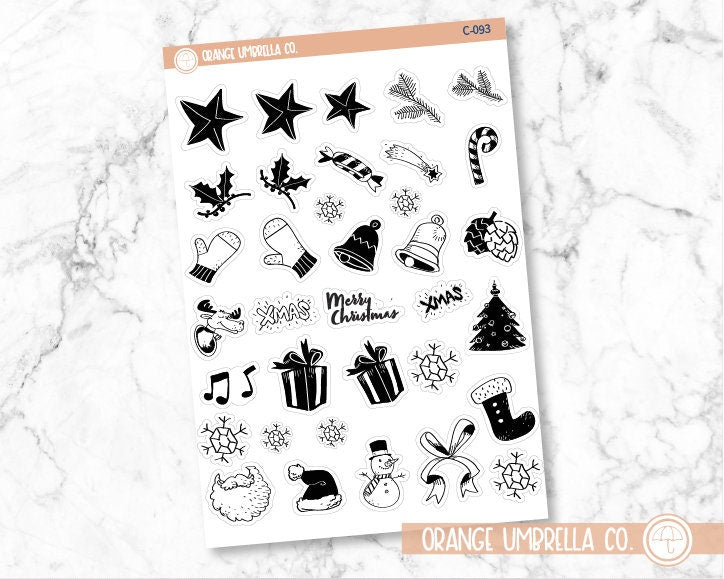 Christmas Related Black and White Mixed Icon Planner Stickers | C-093