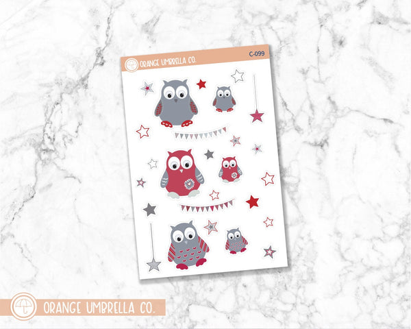 Party Owls - Red/Grey Icon Planner Stickers | C-099