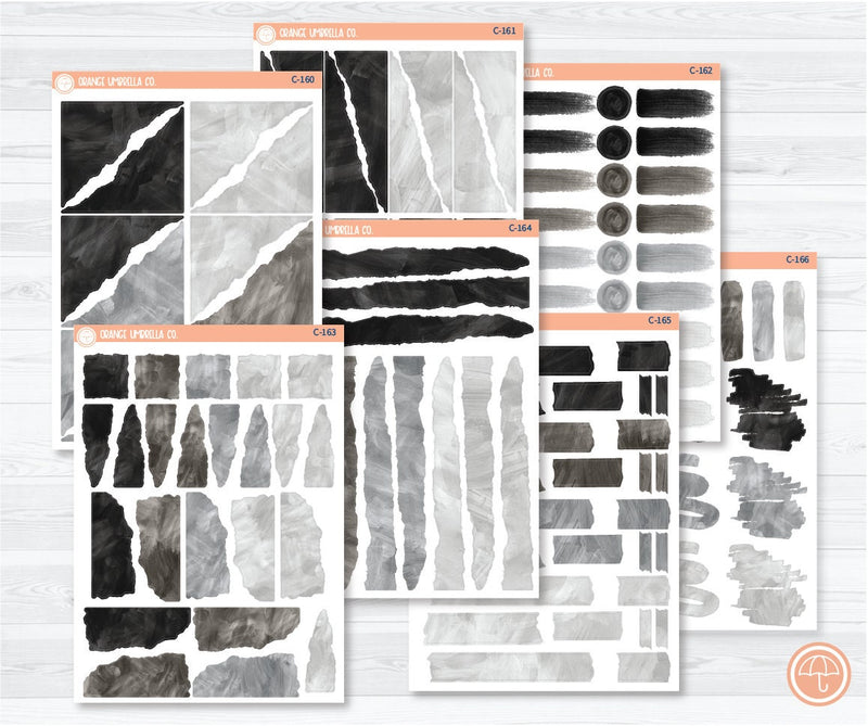 CLEARANCE | Watercolor Journaling Sheet Planner Stickers & Labels | White or Clear Matte Black-Grey | C-160-C-166