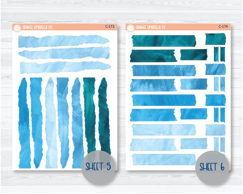 Watercolor Journaling Sheet Planner Stickers & Labels | White or Clear Matte Blue Ombre | C-169-C-175