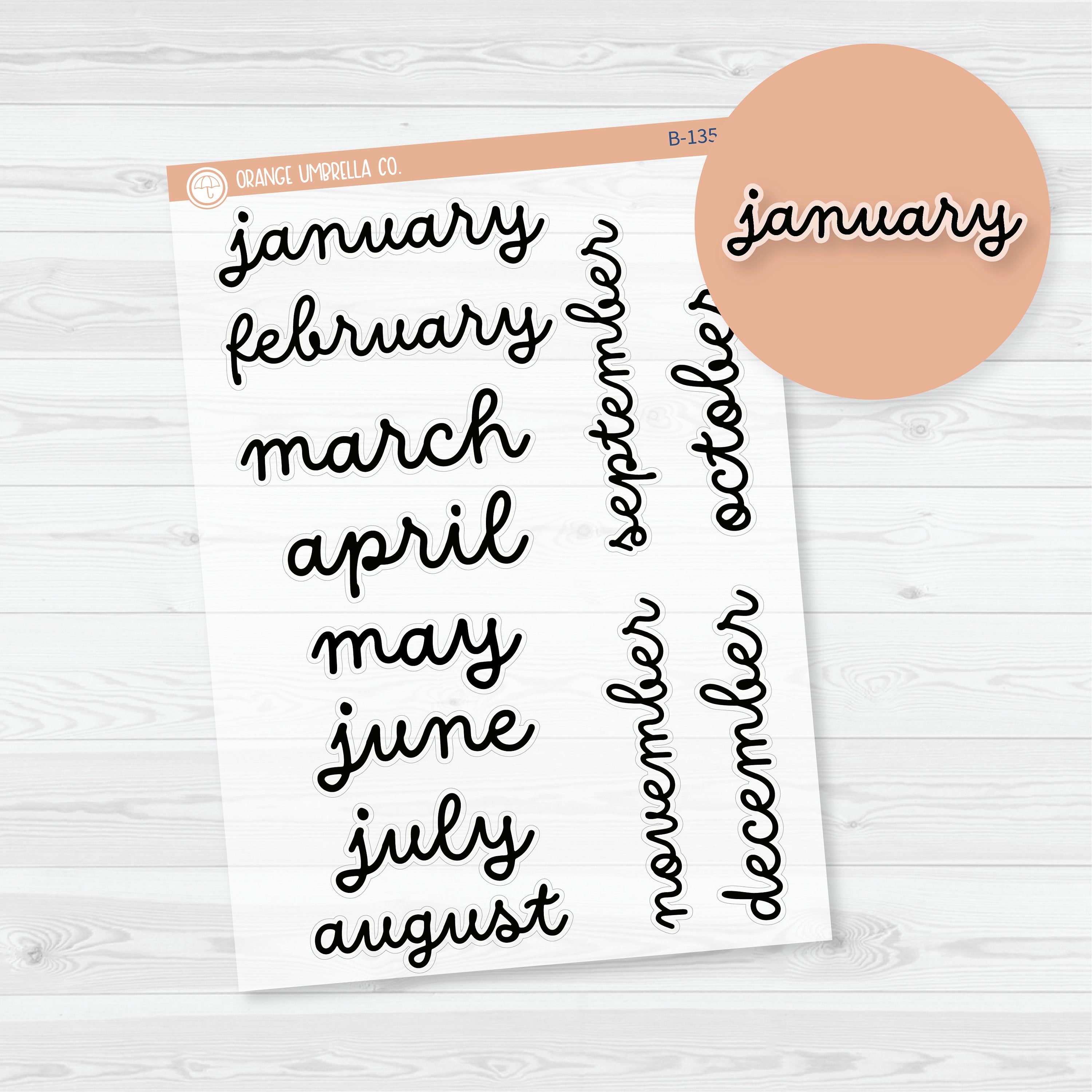 Month Name Planner Stickers - 7x9, 8.5x11 ECLP & Hobonichi Cousin | Clear Matte F16 Script | B-135-BCM