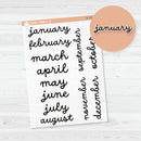 Month Name Planner Stickers - 7x9, 8.5x11 ECLP & Hobonichi Cousin | Clear Matte F16 Script | B-135-BCM