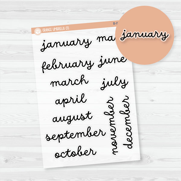Month Name Planner Stickers - A5 Erin Condren, Hobonichi Weeks, & 8.5 Plum Monthly | Clear Matte F16 Script | B-013-BCM
