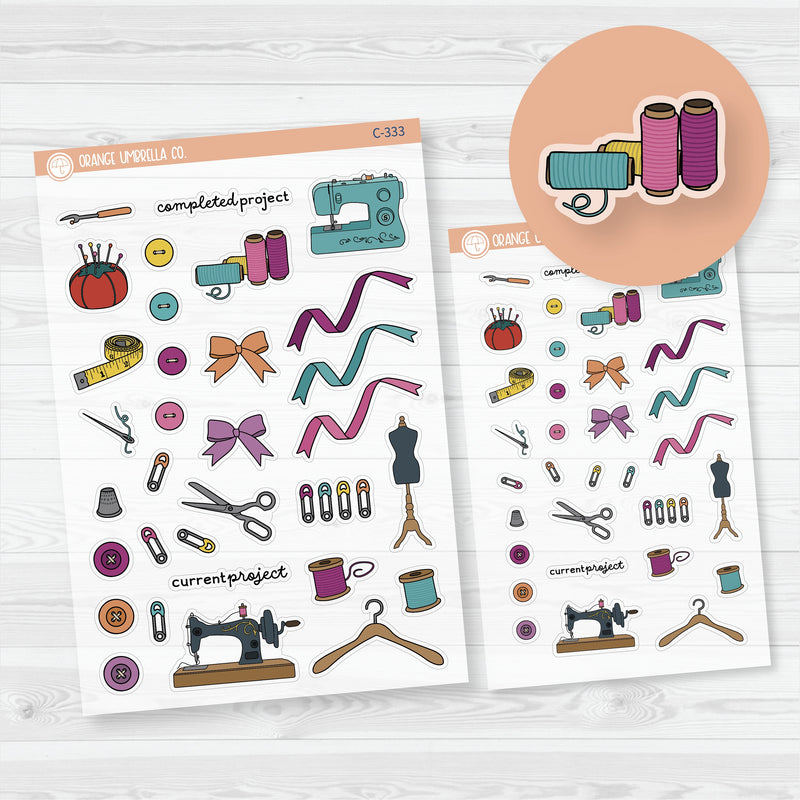 Sewing Deco | Clear Matte Hand Doodled Planner Stickers | C-333-334-CM