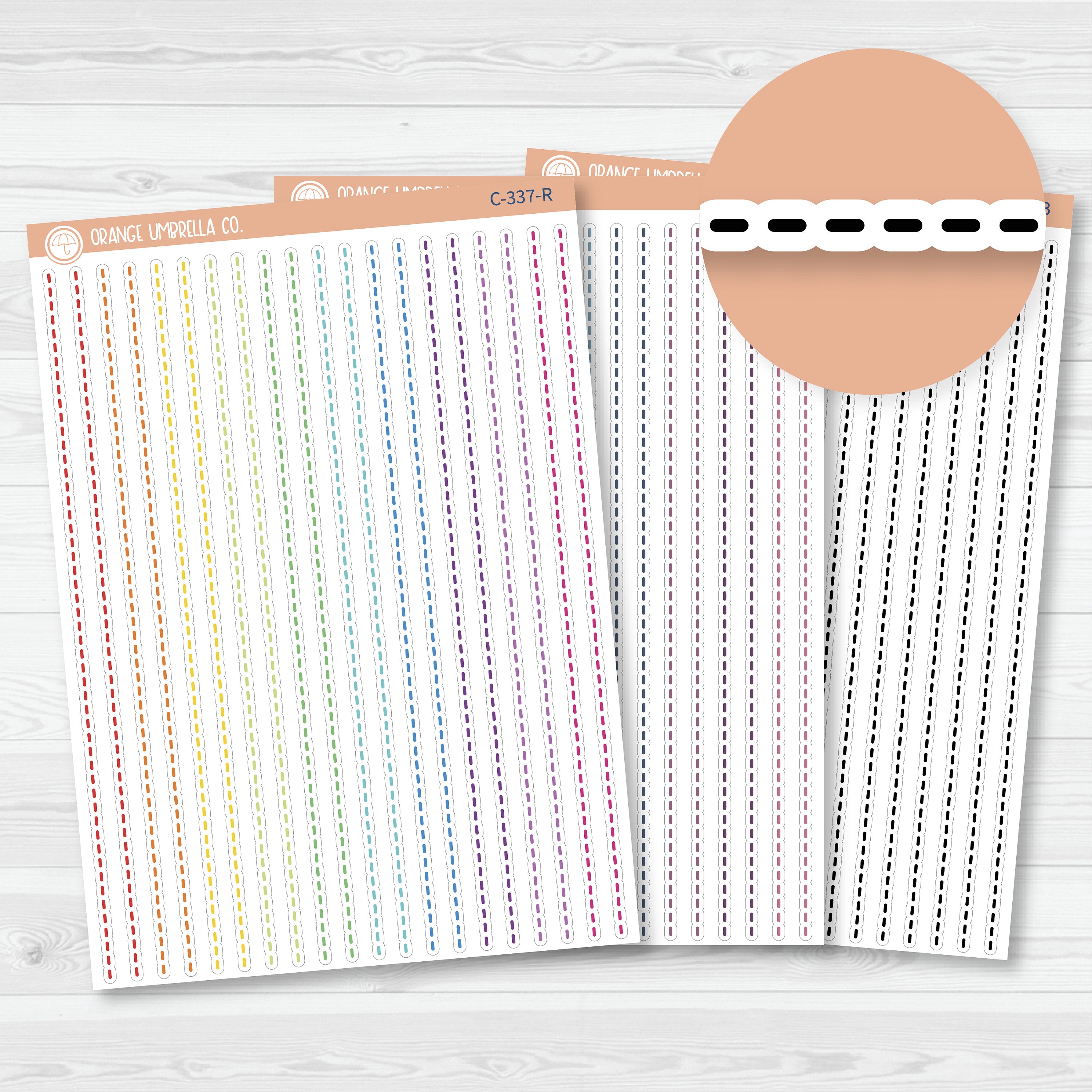 White Matte: White matte planner sticker sheet with 20 black stitched washi strips for journaling or decorative use.