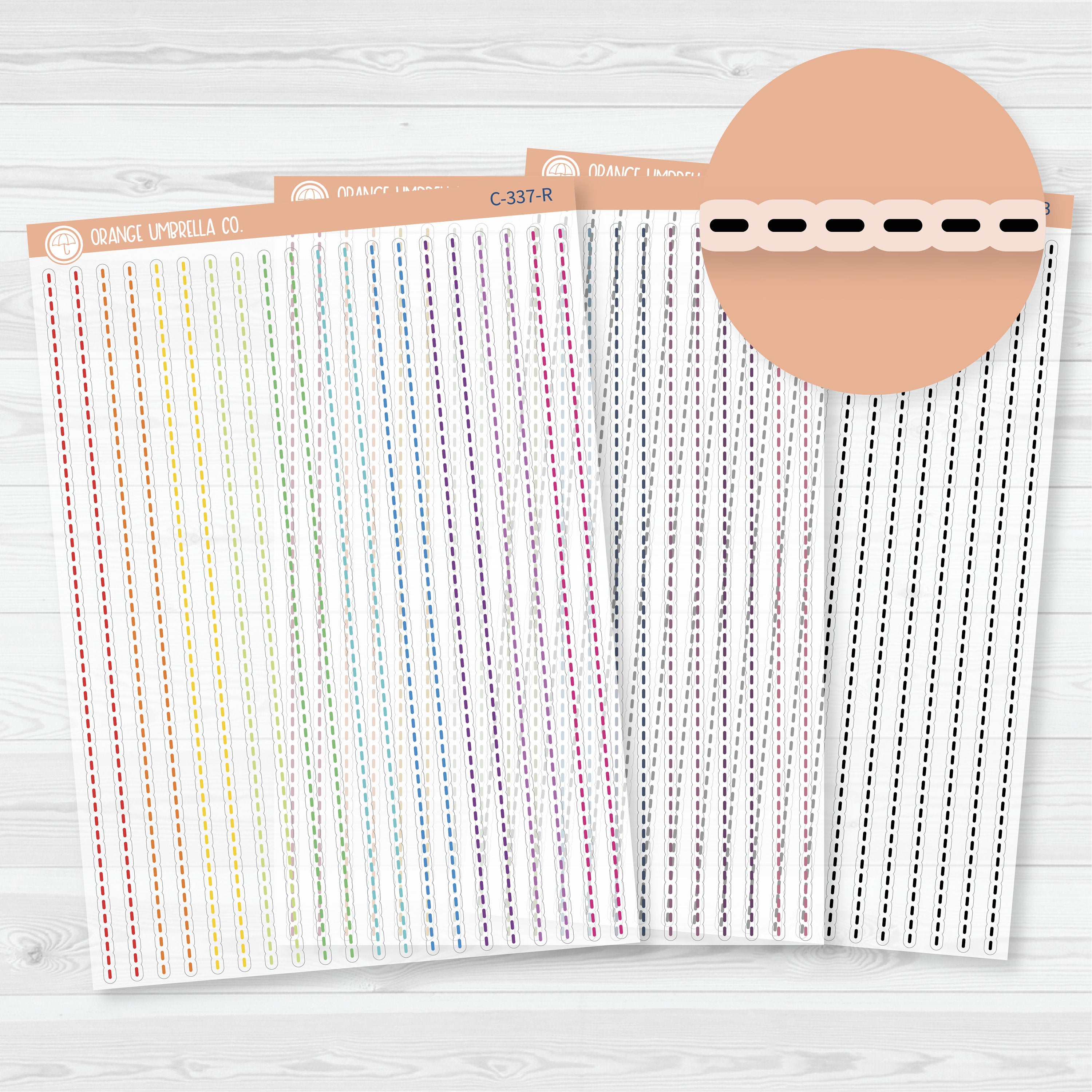 Clear matte washi divider sticker sheet featuring 20 stitched black and white planner strips.