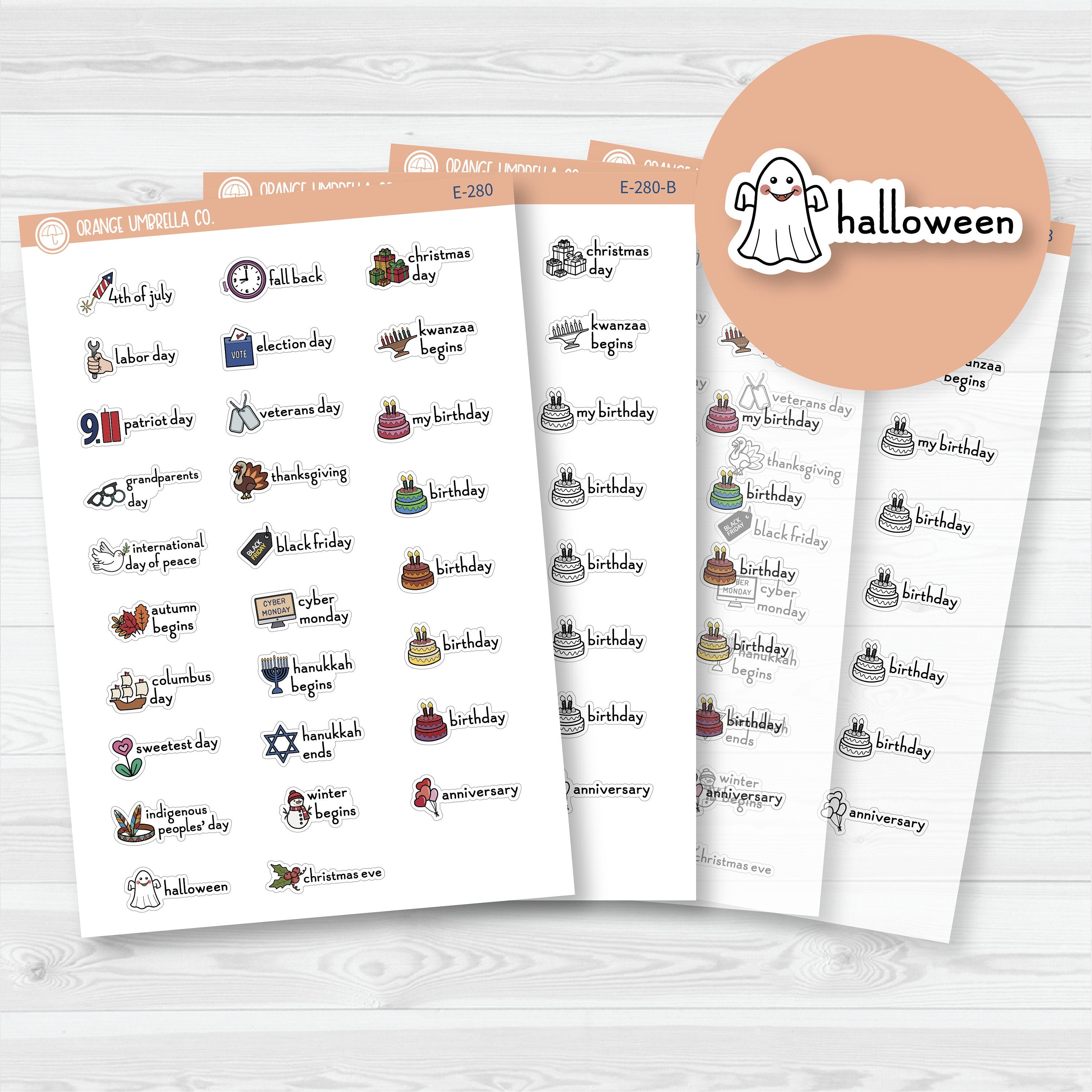 Doodle Holidays | Mini Icon & Script Planner Stickers July-December | F16 | E-280