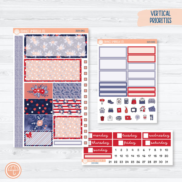 Memorial Day Kit | Plum Vertical Priorities 7x9 Planner Kit Stickers | Patriot | 319-041